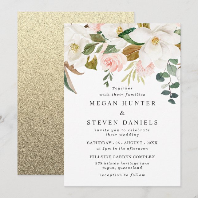 Invitación Elegante Boda moderno Rubor & White Florals (Anverso / Reverso)