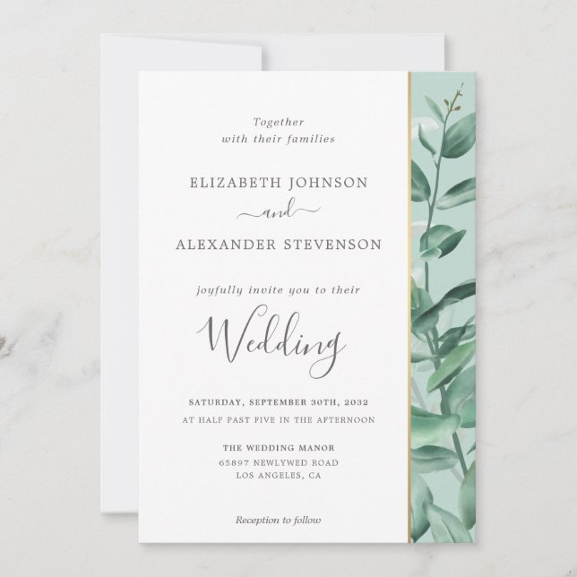 Invitación Elegante boda moderno y sencillo de eucalipto (Anverso)