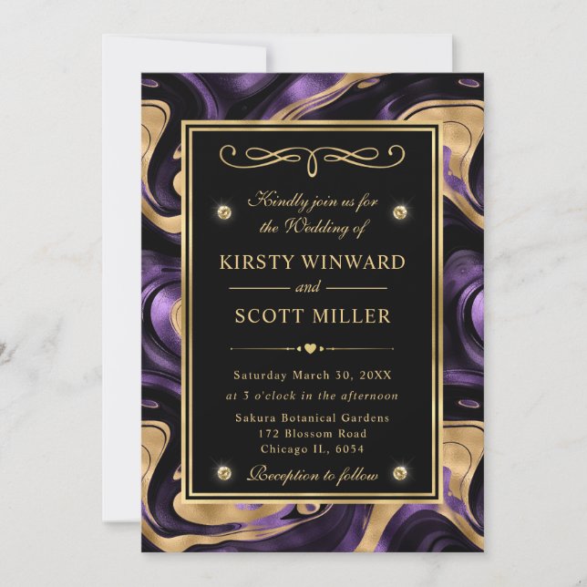 Invitación Elegante Boda Molten Purple y Relieve metalizado d (Anverso)