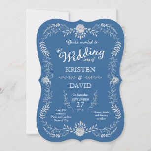 Invitación Elegante Boda monocromático de guirnalda azul y pl