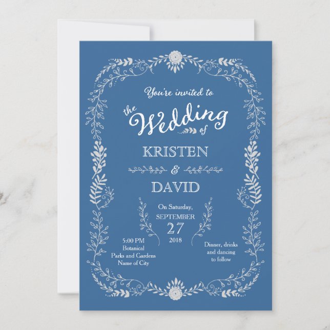 Invitación Elegante Boda monocromático de guirnalda azul y pl (Anverso)