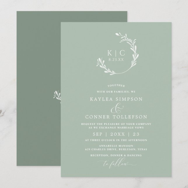 Invitación Elegante Boda Monocromático Verde Sage Ligero (Anverso / Reverso)