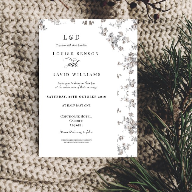 Invitación Elegante Boda Monocromo Floral Clásico (Subido por el creador)