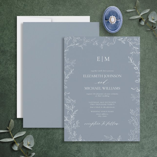 Invitación Elegante Boda monograma azul turbio de hoja mínima (Subido por el creador)