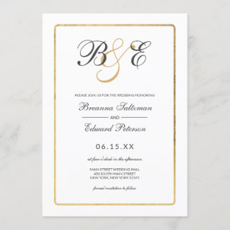 Invitación Elegante Boda monograma blanco con borde dorado