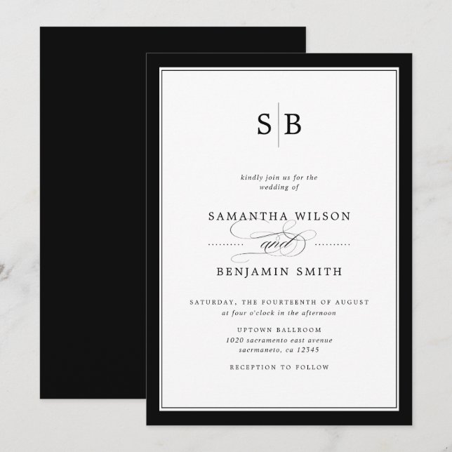 Invitación Elegante Boda Monograma Blanco Y Negro (Anverso / Reverso)