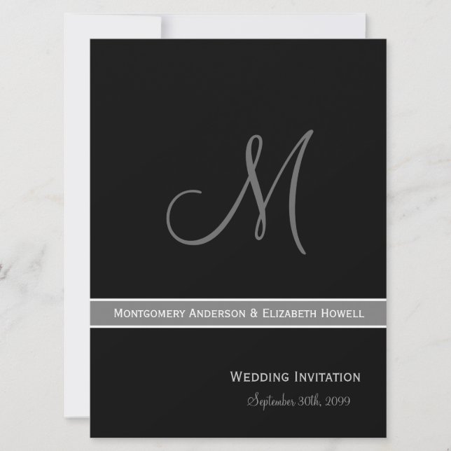 Invitación Elegante Boda Monograma Blanco y Negro (Anverso)