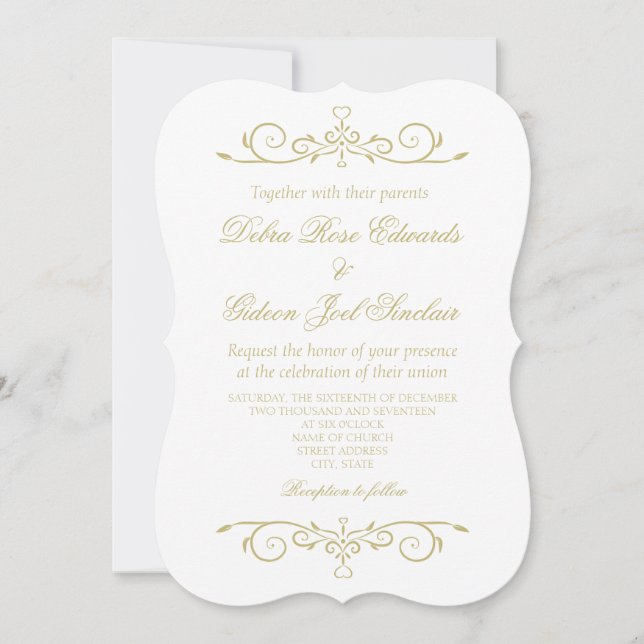 Invitación Elegante Boda Monograma Blanco y Oro (Anverso)