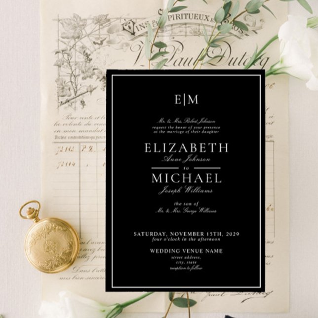Invitación Elegante Boda Monograma Clásico Blanco Negro (Easily personalize this elegant, formal monogram invitation for your event. Part of a larger suite)