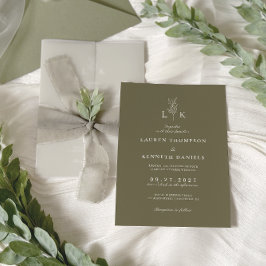 Invitación Elegante Boda monograma clásico de hoja verde oliv