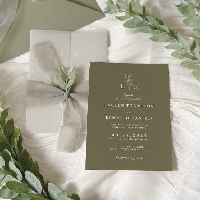 Invitación Elegante Boda monograma clásico de hoja verde oliv (Subido por el creador)