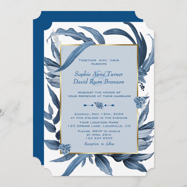Invitación Elegante Boda Monograma Clásico de Hojas Azules Do (Anverso / Reverso)