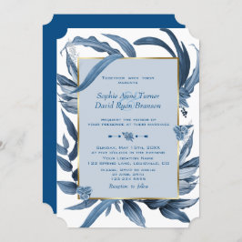 Invitación Elegante Boda Monograma Clásico de Hojas Azules Do