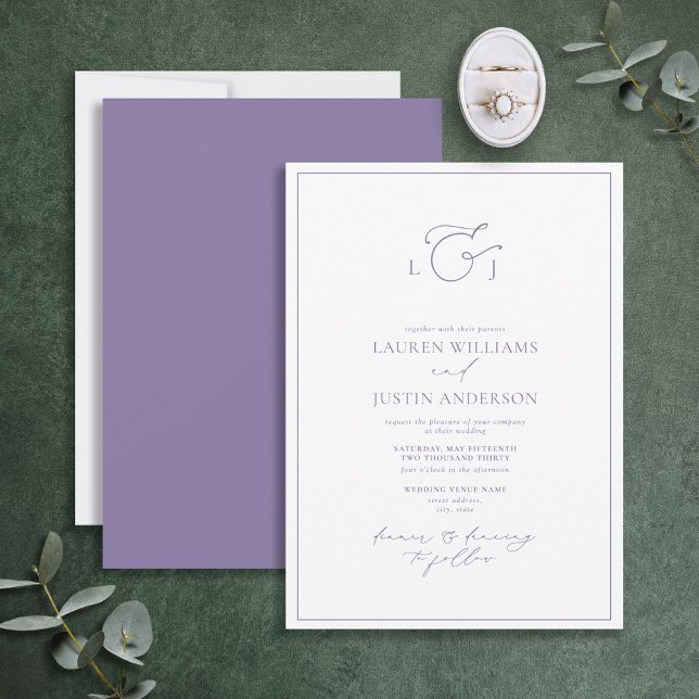 Invitación Elegante Boda Monograma de caligrafía de lavanda (Subido por el creador)