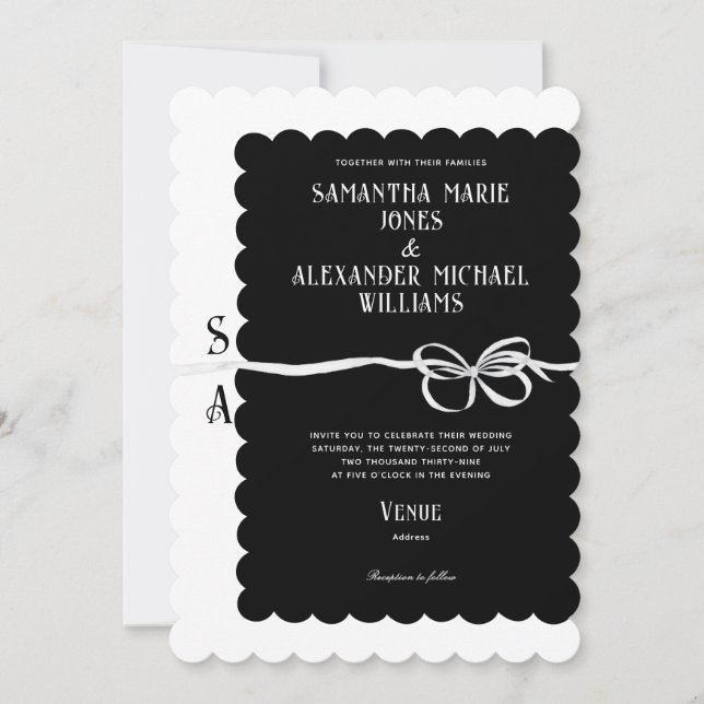 Invitación Elegante Boda monograma de cinta blanca negra blan (Anverso)
