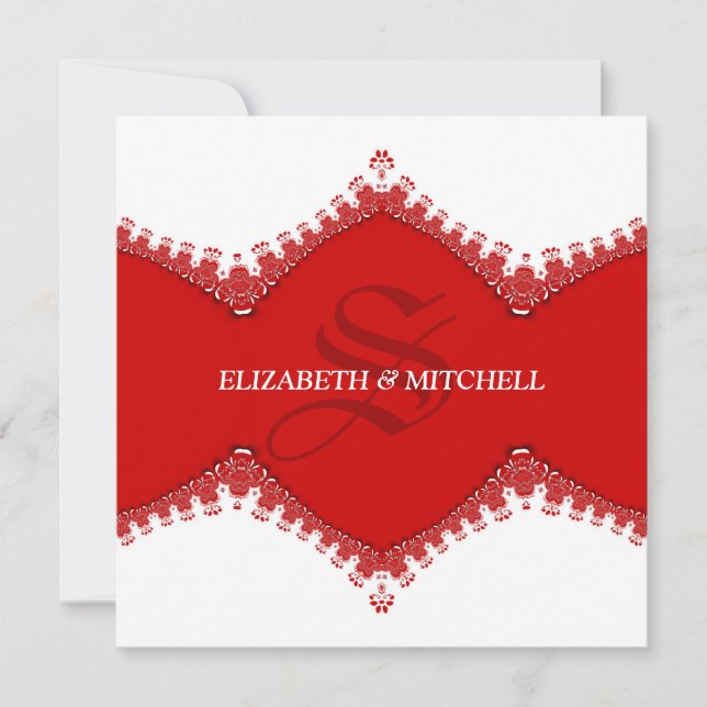 Invitación Elegante Boda monograma de encaje rojo blanco (Anverso)