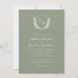 Invitación Elegante Boda Monograma de Escudo floral verde sab