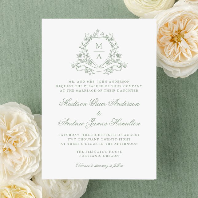 Invitación Elegante Boda Monograma de Escudo floral verde sab (Subido por el creador)