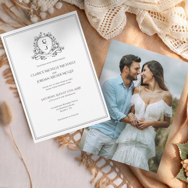 Invitación Elegante Boda Monograma de foto blanco negro Escud (Subido por el creador)