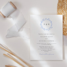 Invitación Elegante Boda Monograma de Hojas Azules