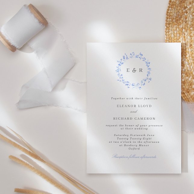 Invitación Elegante Boda Monograma de Hojas Azules (Subido por el creador)