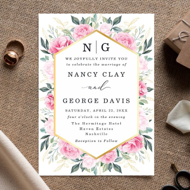 Invitación Elegante Boda Monograma de hojas de oro floral ros (Subido por el creador)