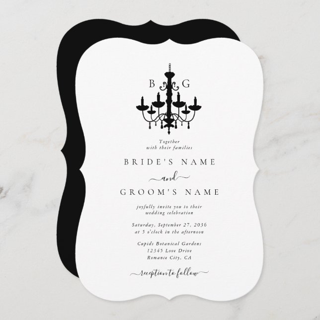 Invitación Elegante Boda Monograma de la lámpara de araña bla (Anverso / Reverso)