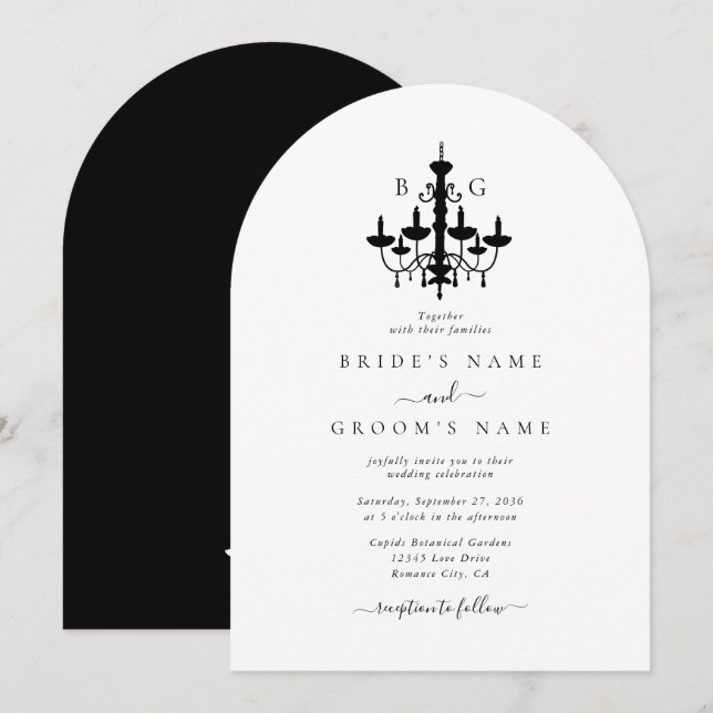 Invitación Elegante Boda Monograma de la lámpara de araña bla (Anverso / Reverso)