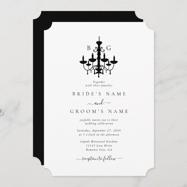 Invitación Elegante Boda Monograma de la lámpara de araña bla (Anverso / Reverso)
