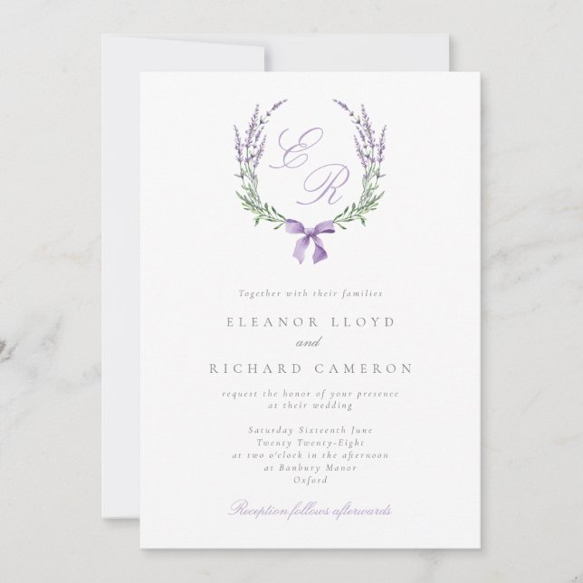Invitación Elegante Boda Monograma de Lavanda Wreath & Bow (Anverso)