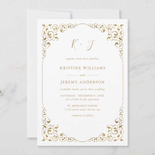 Invitación Elegante Boda monograma de marco dorado (Anverso)