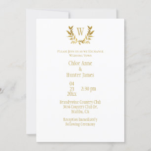 Invitación Elegante Boda Monograma de Moda de la hoja de oro 