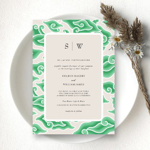 Invitación Elegante Boda Monograma de Olas Verdes del Océano 