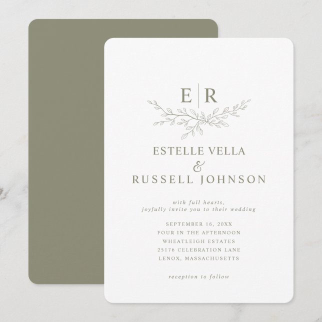 Invitación Elegante Boda Monograma de Rama de Verdor (Anverso / Reverso)