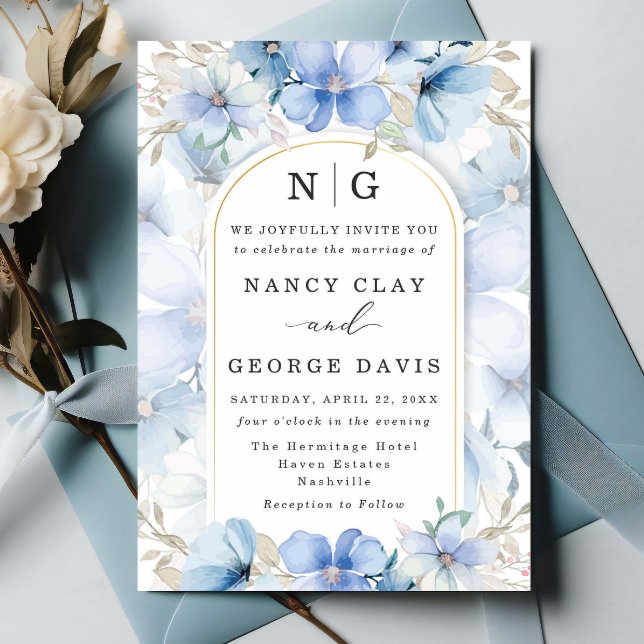 Invitación Elegante Boda Monograma del Jardín Floral Azul Dus (Subido por el creador)