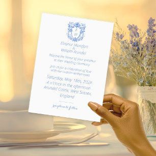 Invitación Elegante Boda Monograma Escudo azul y blanco