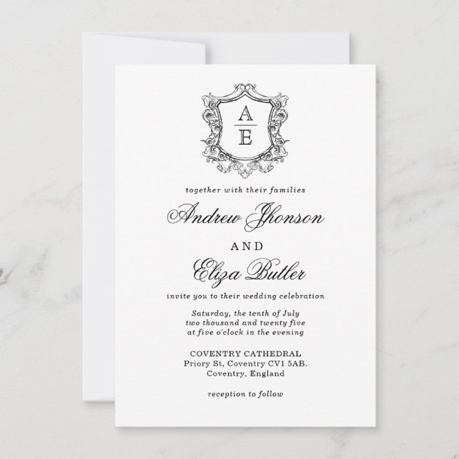 Invitación Elegante Boda Monograma Escudo blanco y negro (Anverso)