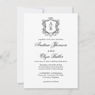 Invitación Elegante Boda Monograma Escudo blanco y negro