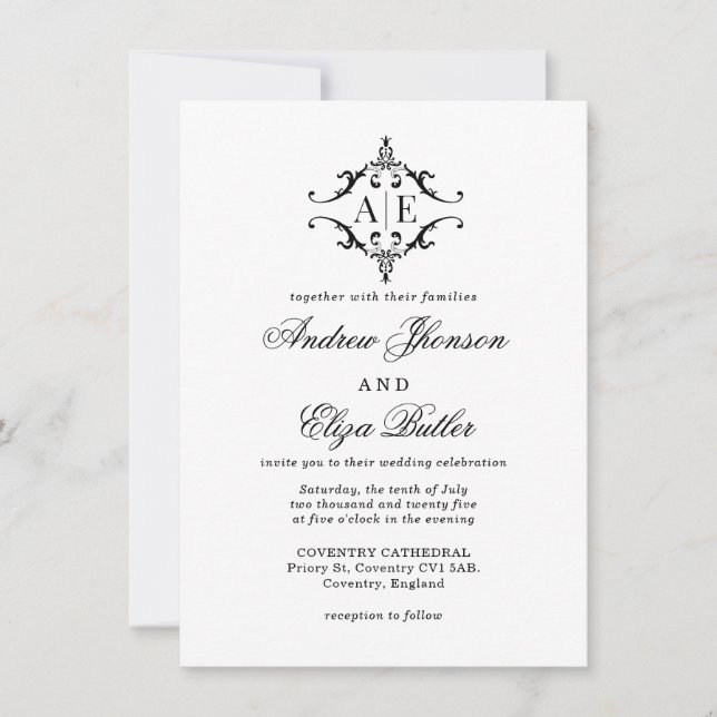 Invitación Elegante Boda Monograma Escudo blanco y negro (Anverso)