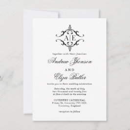 Invitación Elegante Boda Monograma Escudo blanco y negro