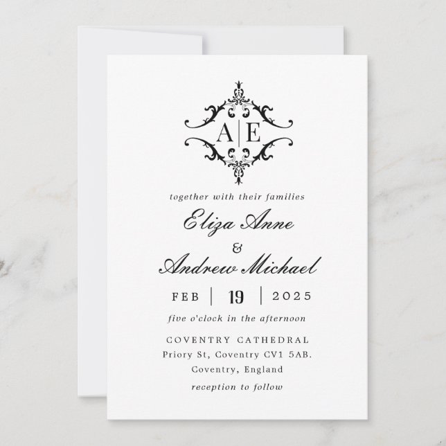Invitación Elegante Boda Monograma Escudo blanco y negro (Anverso)