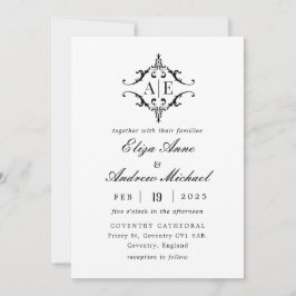Invitación Elegante Boda Monograma Escudo blanco y negro