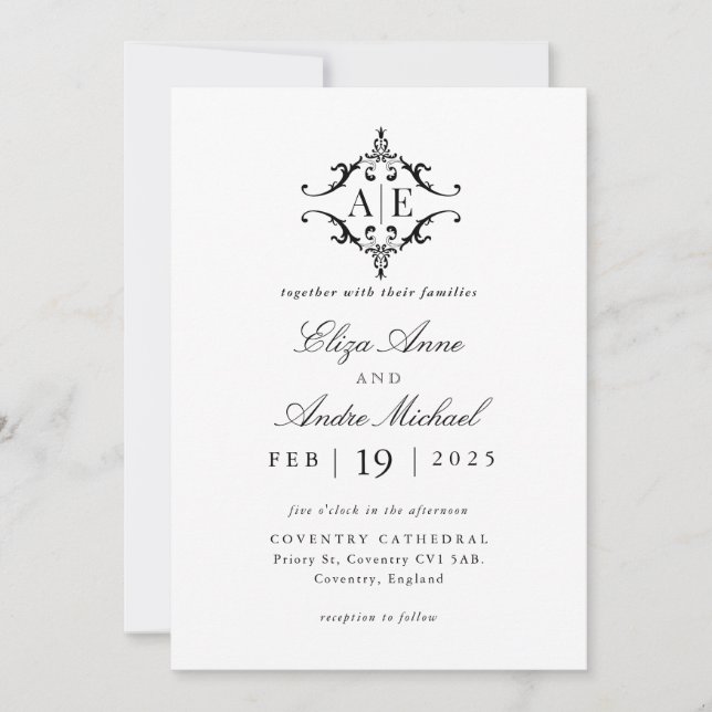 Invitación Elegante Boda Monograma Escudo blanco y negro (Anverso)