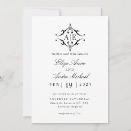 Invitación Elegante Boda Monograma Escudo blanco y negro