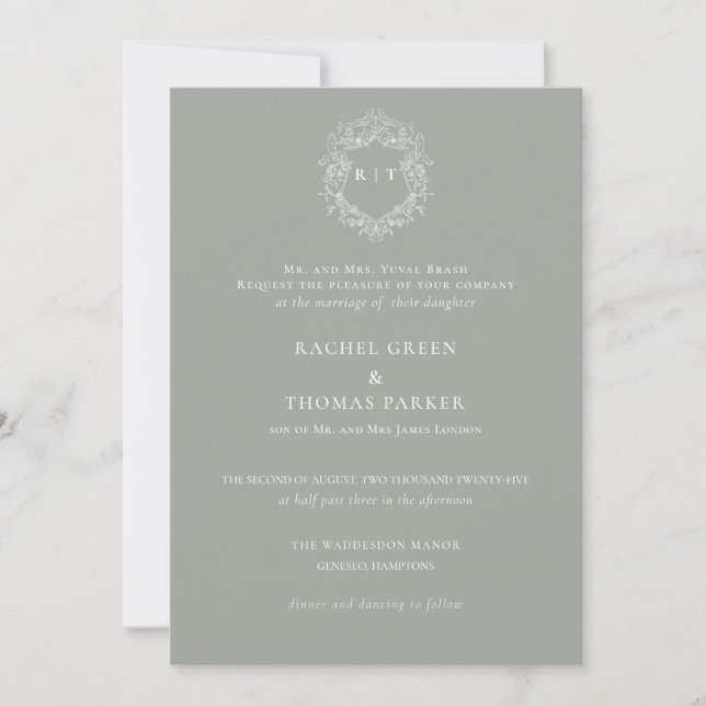 Invitación Elegante Boda Monograma Escudo de sabios formales (Anverso)