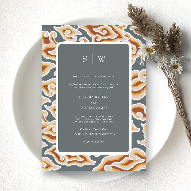 Invitación Elegante Boda Monograma Gris & Oro Waves (Personalized Vibrant Batik Symphony A Multicolor Wedding Invitation)