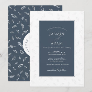 Invitación Elegante Boda Monograma Hoja Azul Marino