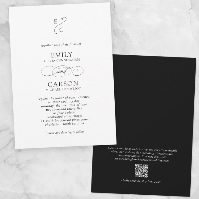 Invitación Elegante Boda Monograma moderno Código QR Negro (Subido por el creador)