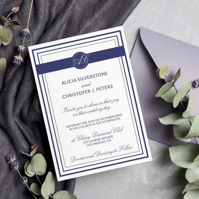 Invitación Elegante Boda Monogramado Blanco de la Marina (Subido por el creador)