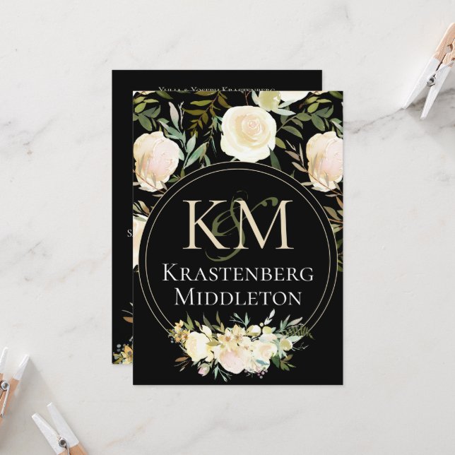 Invitación Elegante Boda Monogramado de Rosa Blanca (Anverso/Reverso In Situ)